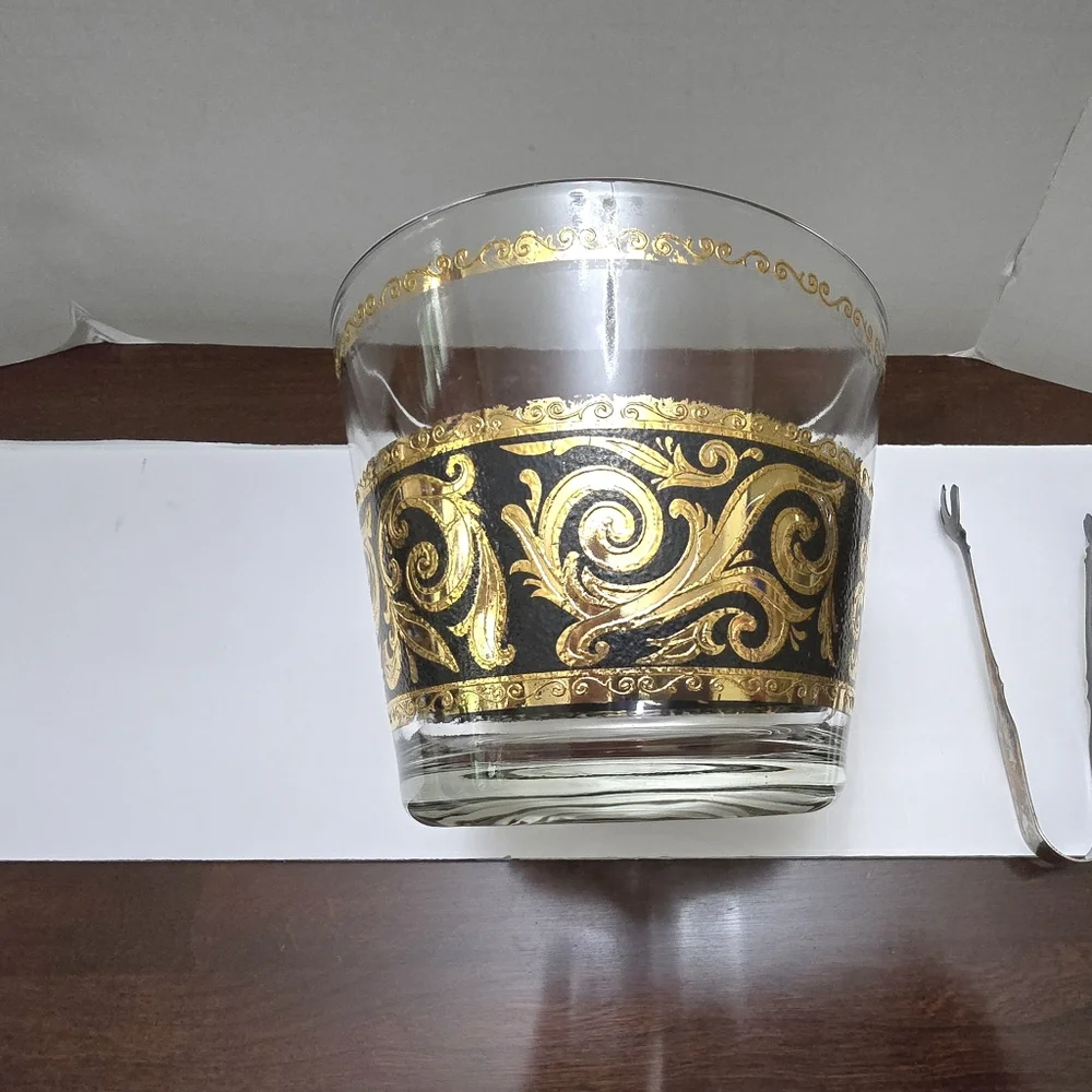 MCM Vintage Culver Ebony Gold Baroque Glass Ice Bucket W/Tongs 4 7/8